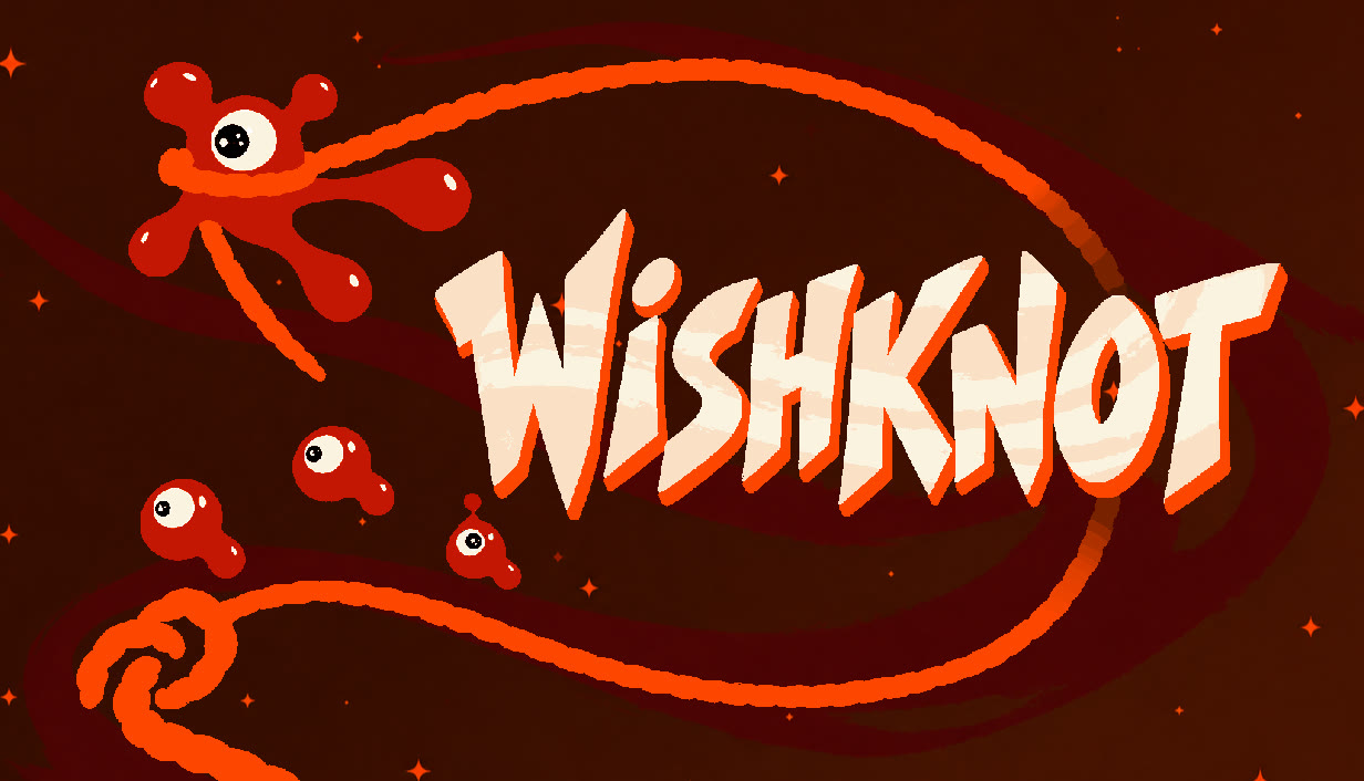 Wishknot key art: a red one-eyed blob tied in an orange rope, beside the Wishknot logo.